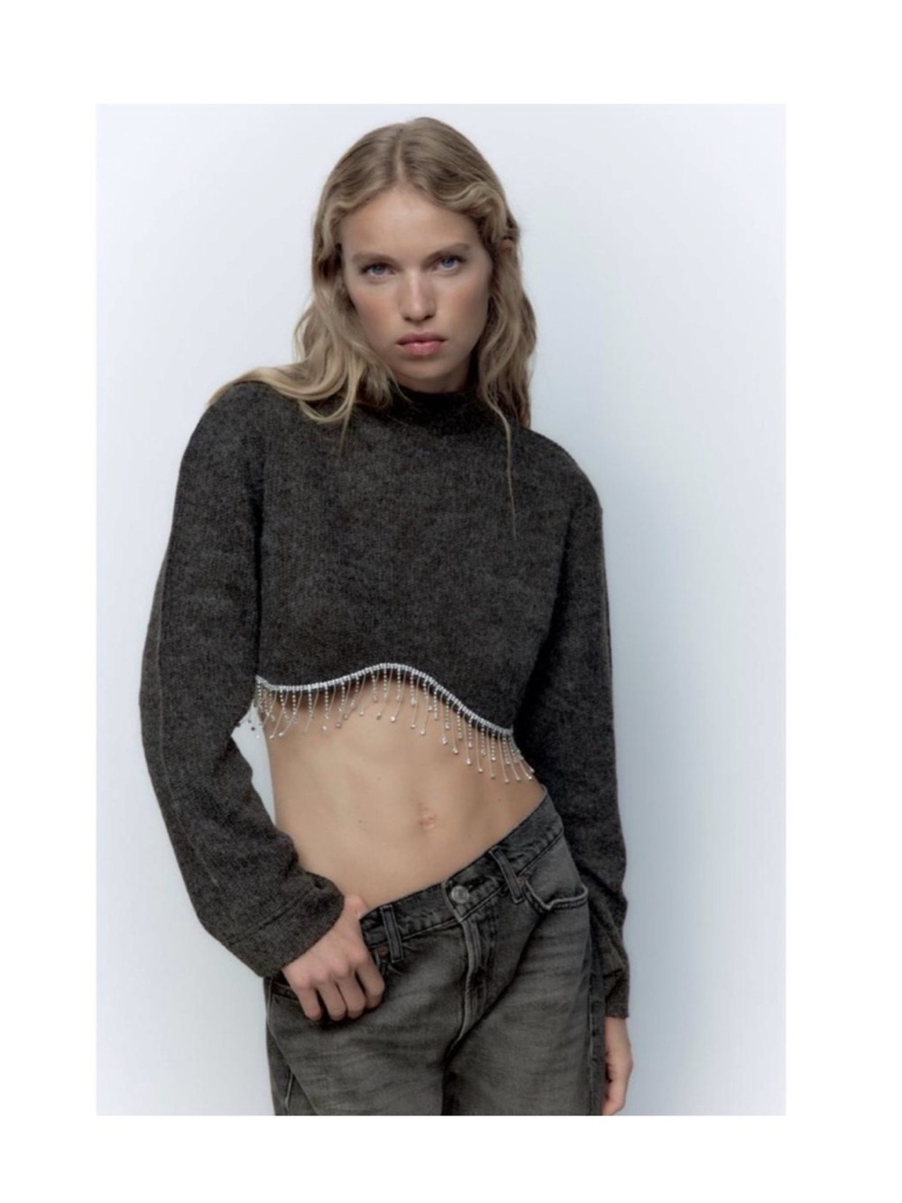 Zara Gray Cowl Neck Sweater with Fringe Detail - Picture 1 of 8
